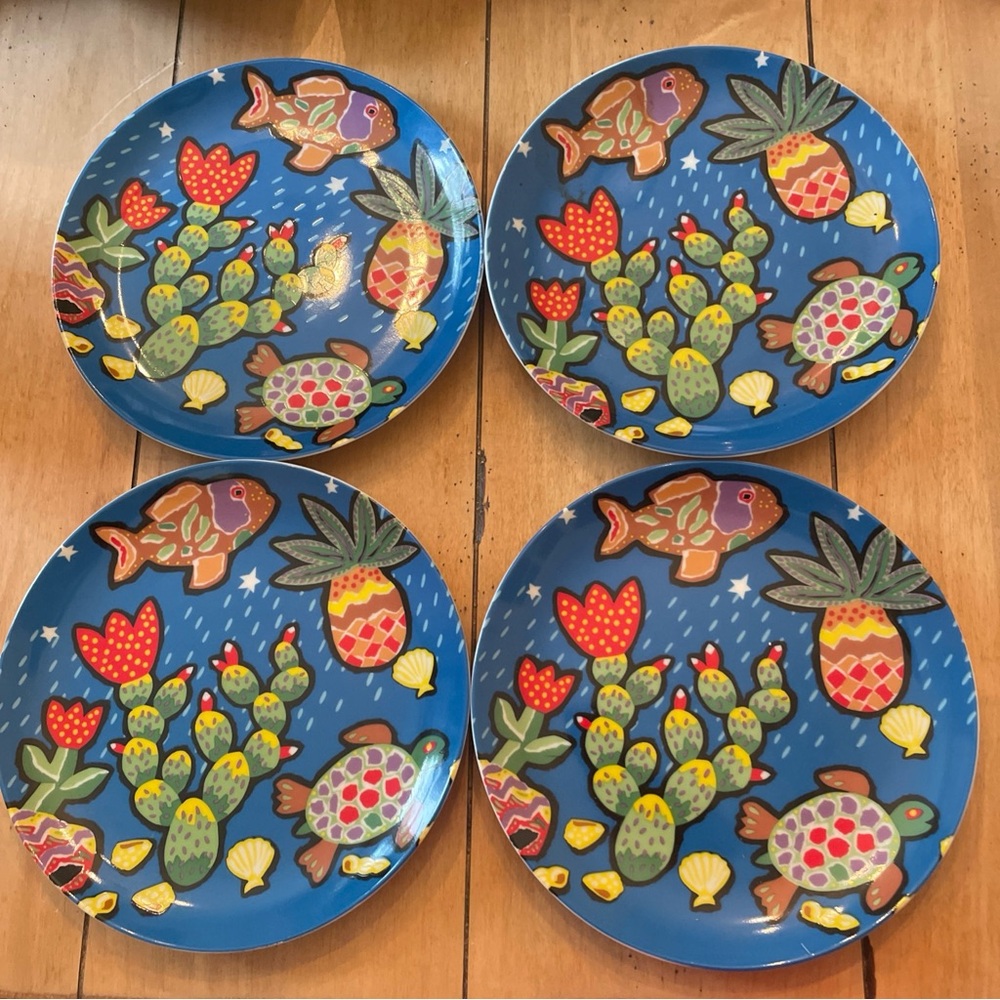 Dept 56 4 Blue Multicolor Ceramic Appetizer/Dessert Plates Turtle Fish Cactus